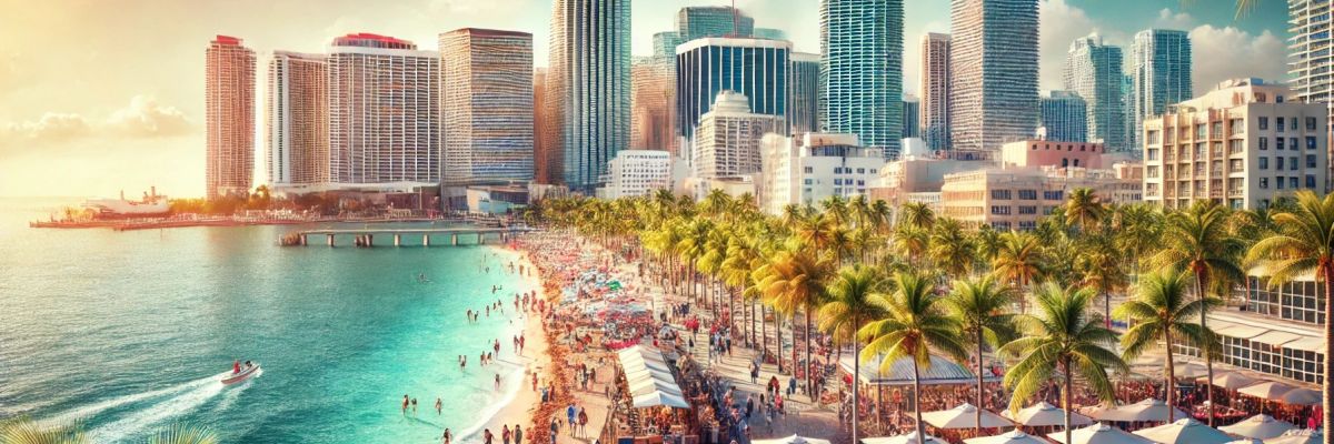 Sunny Miami skyline with palm-lined streets and people enjoying the waterfront – reasons to move to Miami.