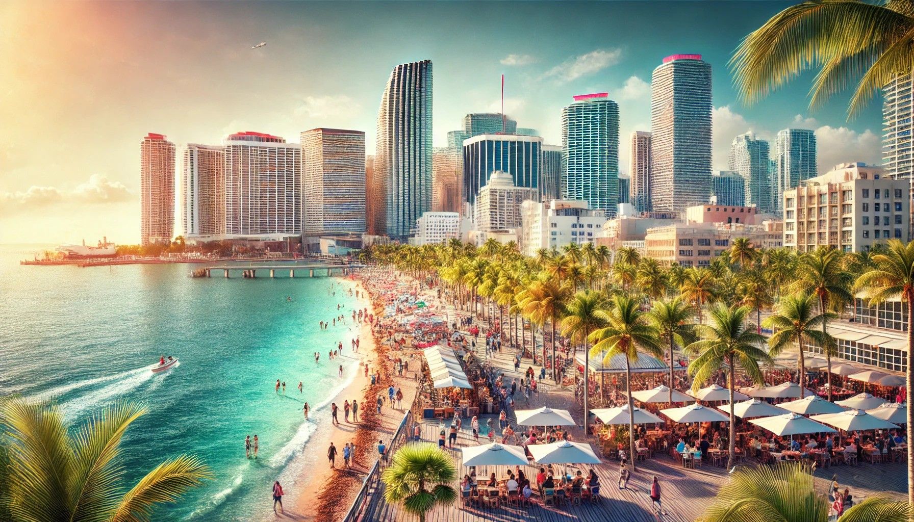 Sunny Miami skyline with palm-lined streets and people enjoying the waterfront – reasons to move to Miami.