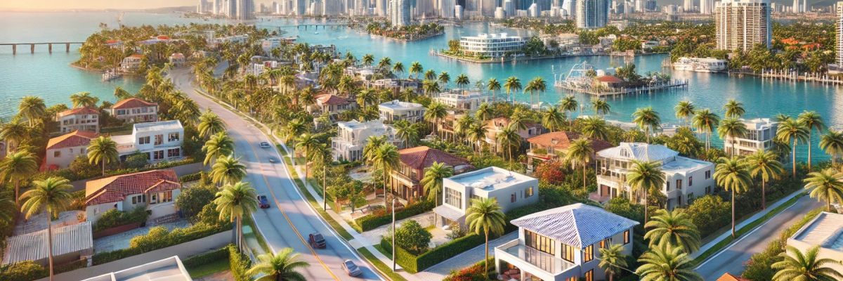 South Florida housing market view with luxury beachfront properties, condos, and Miami skyline under sunny skies.