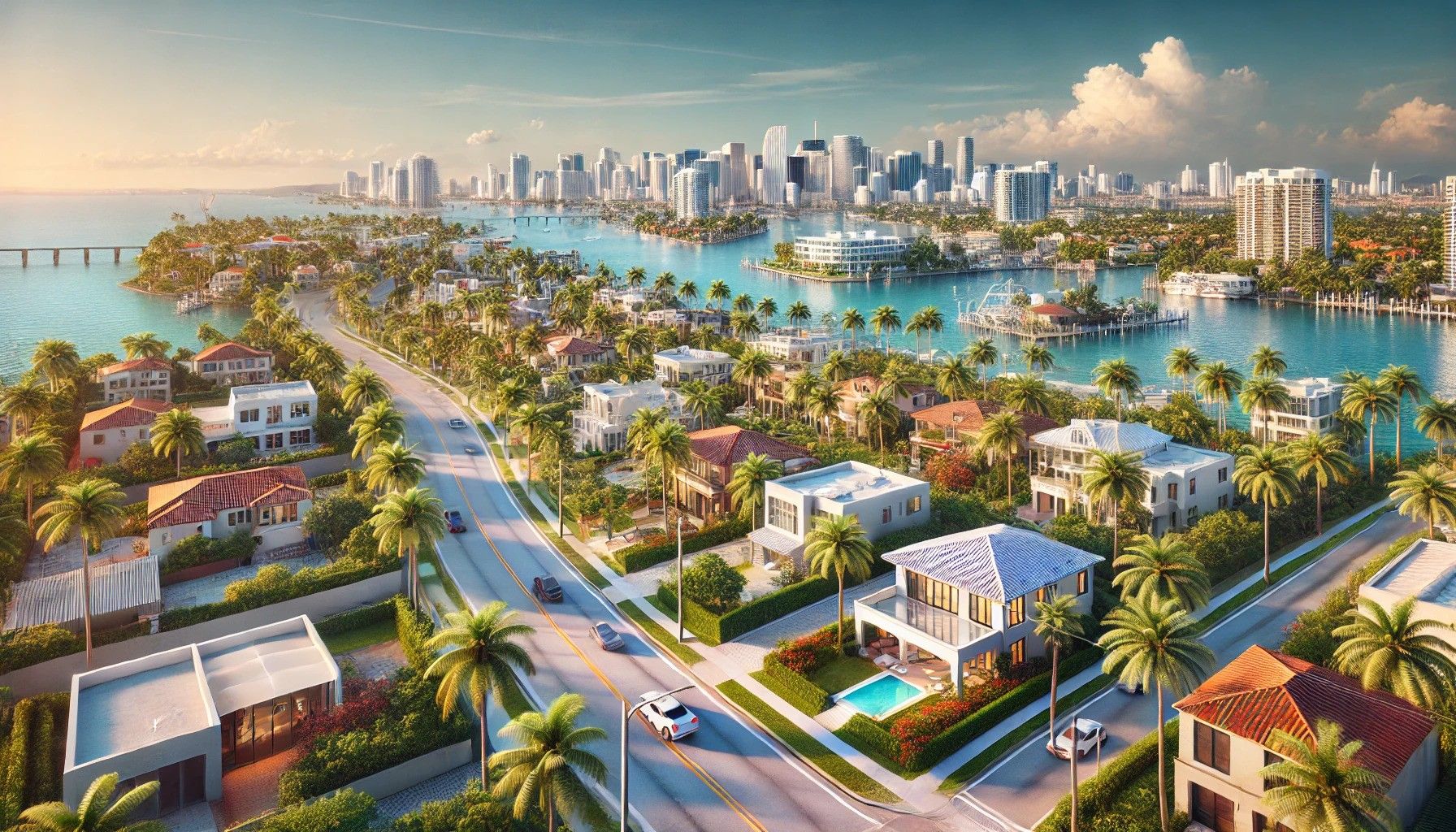 South Florida housing market view with luxury beachfront properties, condos, and Miami skyline under sunny skies.